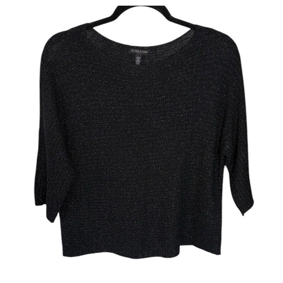 Eileen Fisher Sweaters - Eileen Fisher Open Knit Sweater Black Metallic Petite Small Boatneck Merino Wool